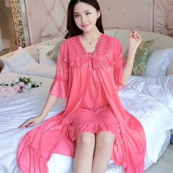 2024 Σέξι νυχτικό V λαιμόκοψη Sleep Wear Night πουκάμισο Home Φόρεμα Νυχτικό Princess Sleepwear Γυναικεία νυχτικά Φόρεμα + Πανωφόρια
