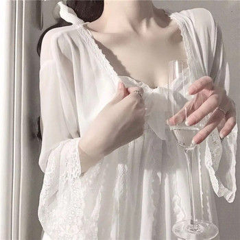 QWEEK Корейски спално облекло Дамска секси бяла роба Фея Комплект рокли Жена 2 части Нощница Принцеса Дантелена нощница Peignoirs Albornoces