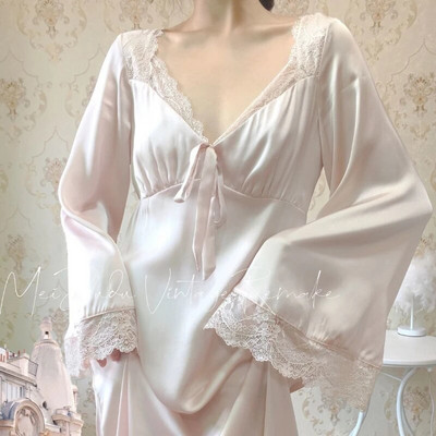 Cămașă de noapte din satin QWEEK Rochii de zână elegante pentru femei Lenjerie de noapte din dantelă Lenjerie de noapte cu mânecă lungă Cămașă de noapte vintage Rochie sexy Rochii