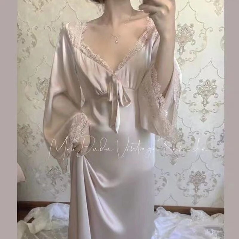 Cămașă de noapte din satin QWEEK Rochii de zână elegante pentru femei Lenjerie de noapte din dantelă Lenjerie de noapte cu mânecă lungă Cămașă de noapte vintage Rochie sexy Rochii