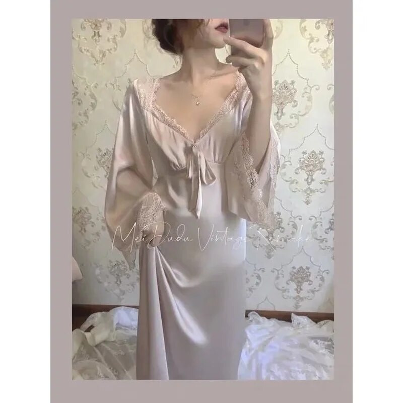 Cămașă de noapte din satin QWEEK Rochii de zână elegante pentru femei Lenjerie de noapte din dantelă Lenjerie de noapte cu mânecă lungă Cămașă de noapte vintage Rochie sexy Rochii