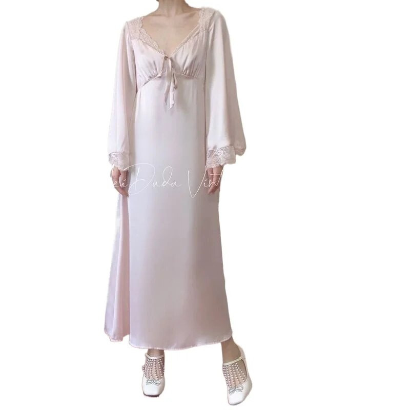 Cămașă de noapte din satin QWEEK Rochii de zână elegante pentru femei Lenjerie de noapte din dantelă Lenjerie de noapte cu mânecă lungă Cămașă de noapte vintage Rochie sexy Rochii