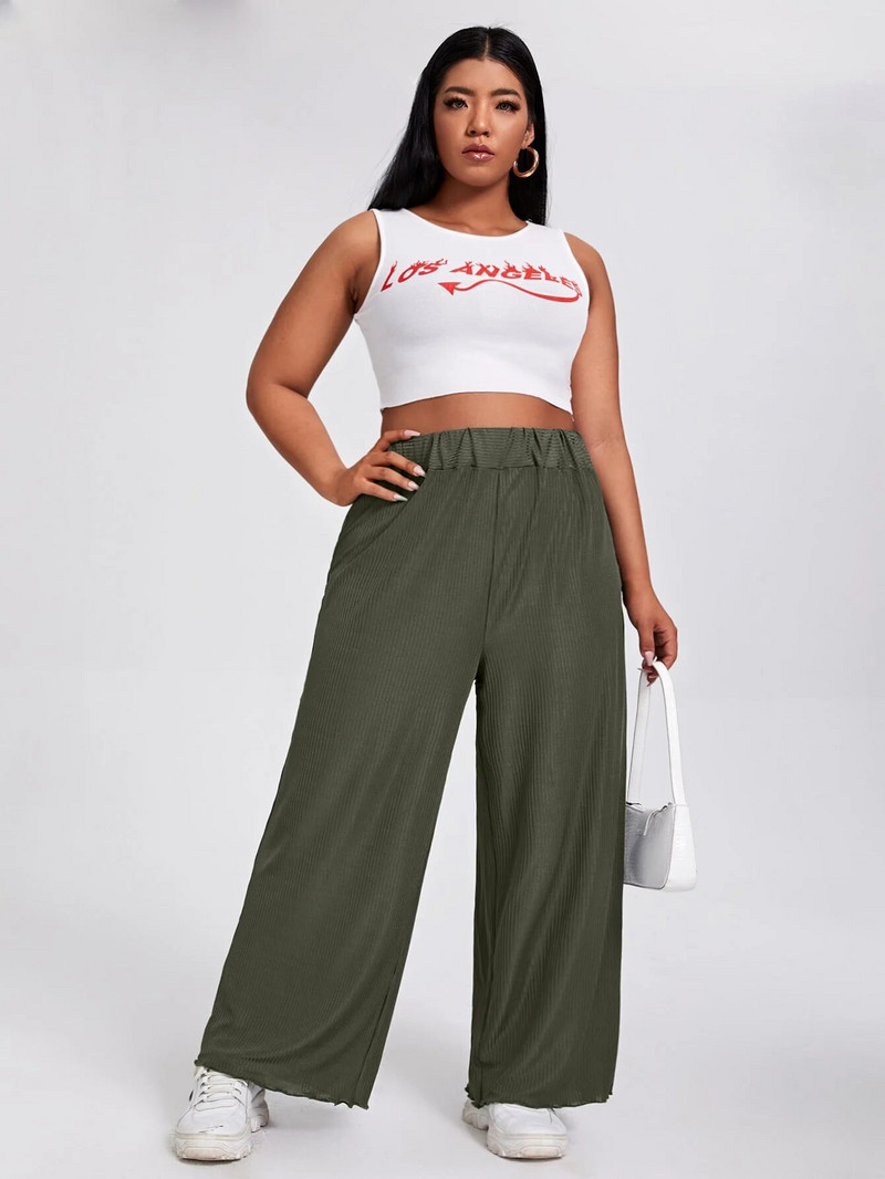 Plus Size Κομψό Ανοιξιάτικο Φθινοπωρινό Ελαστικό Παντελόνι Φαρδύ Γυναικείο Στρατό Πράσινο Casual Rib Πλεκτό ίσιο παντελόνι 6XL 7XL 8XL