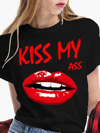 Дамска тениска с големи размери Секси целувка Устни Устни Кажете забавна черна тениска Дамска мека тениска Графична тениска с къс ръкав и кръгло деколте