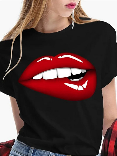 Γυναικείο μπλουζάκι σε μεγάλο μέγεθος Sexy Kiss Lips Lip Say Funny μαύρο T-shirt Γυναικείο μαλακό μπλουζάκι γραφικό κοντομάνικο T-shirt με λαιμόκοψη