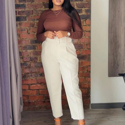 Office Lady Craciuri de culoare solidă Pantaloni creion Haine de mărime Plus Primăvara Toamnă Buzunare de modă Talie înaltă Pantaloni de costum de damă casual