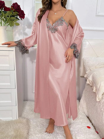 2cs контрастна дантелена рокля с колан с дълъг ръкав и V-образно деколте Секси елегантни комплекти дамски пижами
