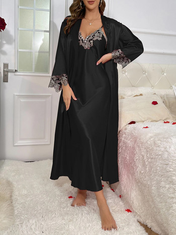 2cs контрастна дантелена рокля с колан с дълъг ръкав и V-образно деколте Секси елегантни комплекти дамски пижами