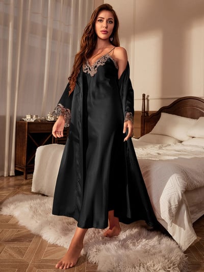 Kontrasztos csipke pizsama szett, hosszú ujjú köntös övvel V nyakú csúszó ruha női hálóruha nappali ruha