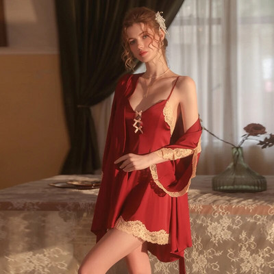Édes Női Pizsama Fürdőköpeny Hátsó nadrágos hálóruha Szexi V nyakú csipke selyem hálóing köntös szett Kísértés Női Háziruha