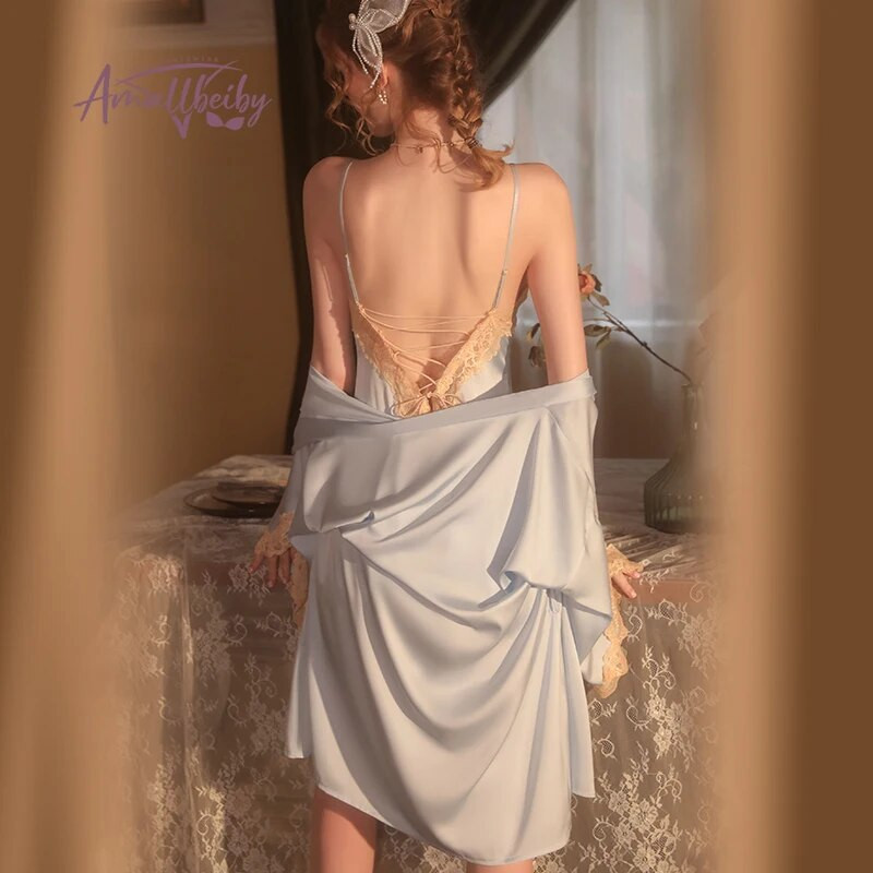 Édes Női Pizsama Fürdőköpeny Hátsó nadrágos hálóruha Szexi V nyakú csipke selyem hálóing köntös szett Kísértés Női Háziruha