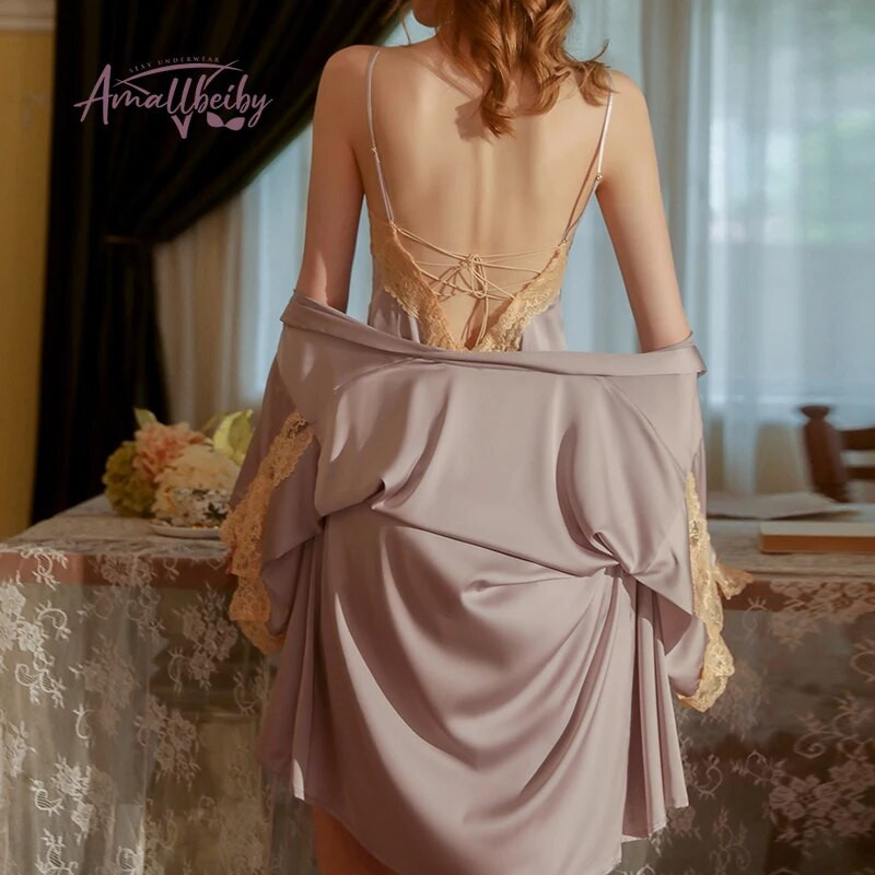 Édes Női Pizsama Fürdőköpeny Hátsó nadrágos hálóruha Szexi V nyakú csipke selyem hálóing köntös szett Kísértés Női Háziruha