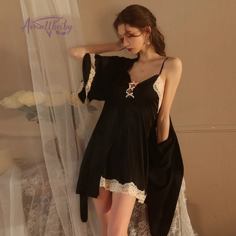 Édes Női Pizsama Fürdőköpeny Hátsó nadrágos hálóruha Szexi V nyakú csipke selyem hálóing köntös szett Kísértés Női Háziruha