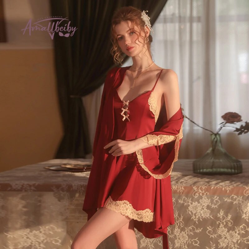 Édes Női Pizsama Fürdőköpeny Hátsó nadrágos hálóruha Szexi V nyakú csipke selyem hálóing köntös szett Kísértés Női Háziruha
