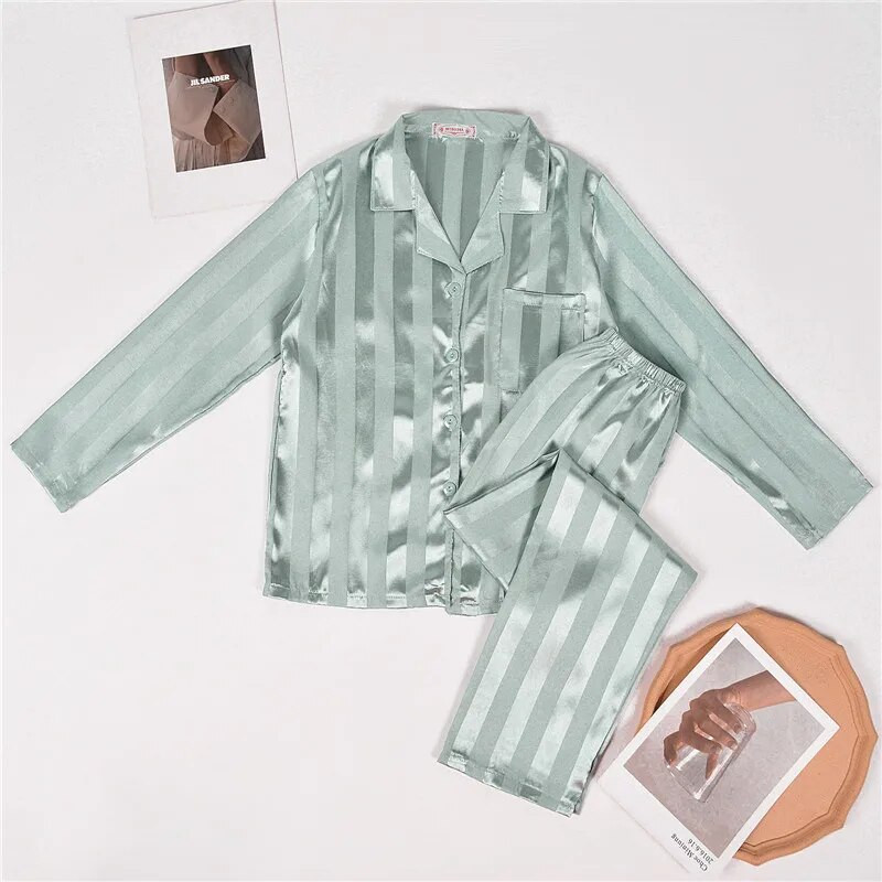 Tavaszi Női Selyem Chemise Női Divatos pizsama csíkos szettek hosszú ujjú gombos hálóruha Hálóruha Puha Pjs Lounge szettek