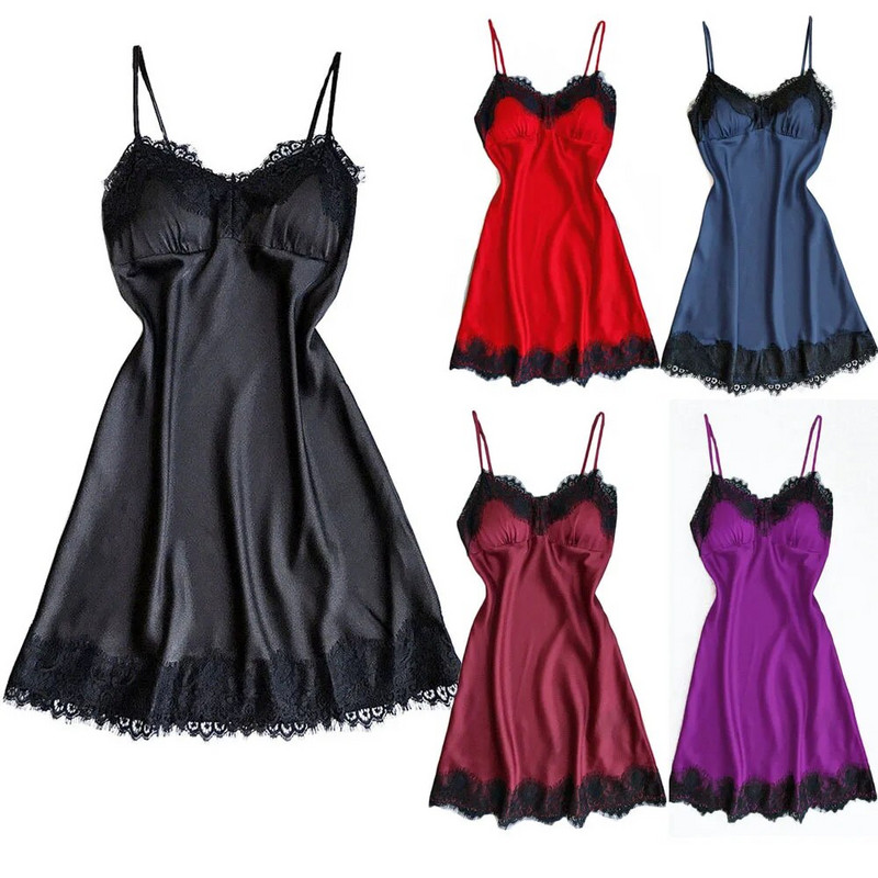 Дамски дантелени пижами Секси ледено копринени лотосови листа Pendulum Sleepwear V-образно деколте Cami Nightdress Домашно нощно облекло Екзотично бельо Костюми