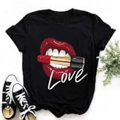 O-nyakú szexi fekete pólók nagy méretű csók ajak vicces nyári női felsők női puha póló ajak akvarell grafikus póló Top9180