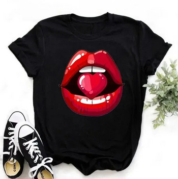 Секси черни тениски с О-образно деколте Плюс размер Kiss Lip Забавни летни дамски топове Женска мека тениска Устни Тениска с акварелни графики Top9180