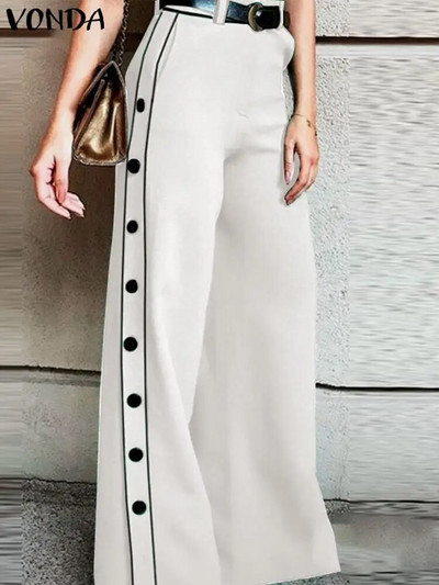Plus Size 5XL VONDA Pantaloni eleganti cu picioare late pentru femei, vara, cu nasturi laterali, la modă, pantaloni lungi, ocazional, pantaloni uni cu talie înaltă
