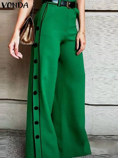Plus Size 5XL VONDA Pantaloni eleganti cu picioare late pentru femei, vara, cu nasturi laterali, la modă, pantaloni lungi, ocazional, pantaloni uni cu talie înaltă