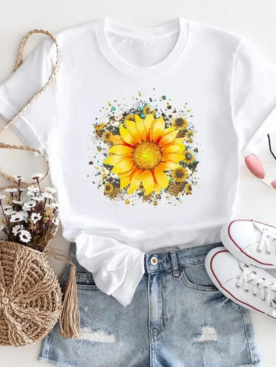 Moteriški marškinėliai su gėlėmis Vasariniai trumpomis rankovėmis su iškirpte Madingi laisvalaikio 3d spausdinti marškinėliai, balti 2023 m. Nauji didelio dydžio drabužiai