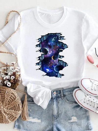 Moteriški marškinėliai su gėlėmis Vasariniai trumpomis rankovėmis su iškirpte Madingi laisvalaikio 3d spausdinti marškinėliai, balti 2023 m. Nauji didelio dydžio drabužiai