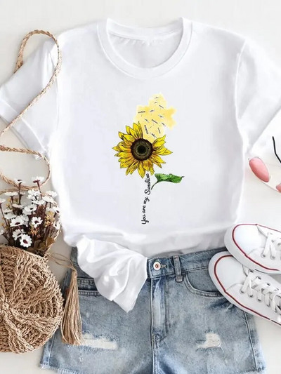 Moteriški marškinėliai su gėlėmis Vasariniai trumpomis rankovėmis su iškirpte Madingi laisvalaikio 3d spausdinti marškinėliai, balti 2023 m. Nauji didelio dydžio drabužiai