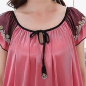 Σατέν φόρεμα πιτζάμες Γυναικείο σαλόνι με κορδόνι με λαιμόκοψη κοντό μανίκι Λεπτό φόρεμα ύπνου με βολάν και καλοκαιρινό νυχτικό