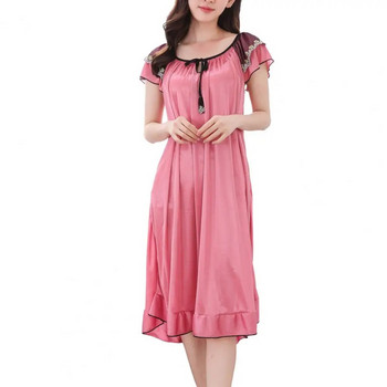 Σατέν φόρεμα πιτζάμες Γυναικείο σαλόνι με κορδόνι με λαιμόκοψη κοντό μανίκι Λεπτό φόρεμα ύπνου με βολάν και καλοκαιρινό νυχτικό
