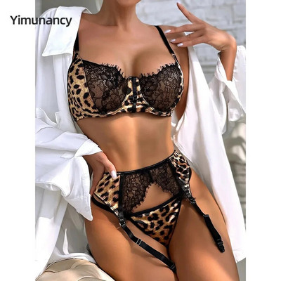 Yimunancy Комплект бельо от 3 части с леопардов принт Дамски еротичен комплект с дантела пачуърк Дамски секси комплект бельо