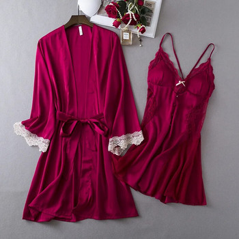 Καλοκαιρινό σατέν κιμονό φόρεμα μπουρνούζι 2 τμχ Σετ ύπνου Νυφικό κοστούμι νυφικό εσώρουχα Γυναικεία δαντέλα νυχτικά Πυζόνια HomeWear