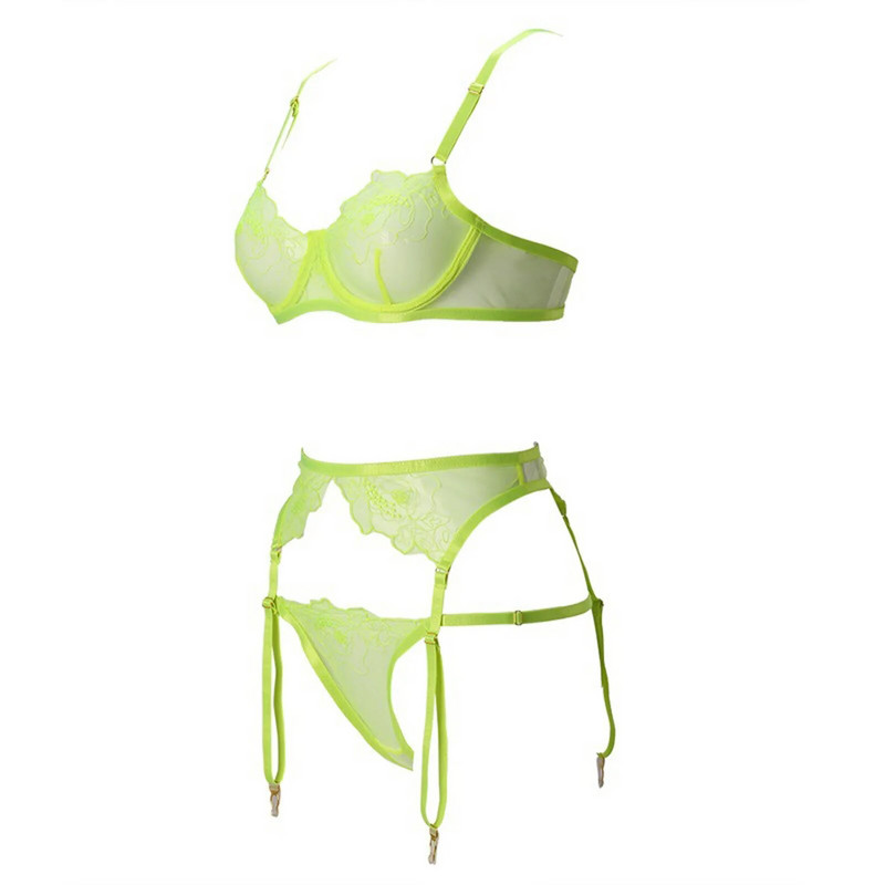 Szexi virágos hímzés divatos fehérnemű szett Perspektivikus csipke varrat nélküli hálóruha acél gyűrű pizsama harisnyakötő fehérnemű női szett