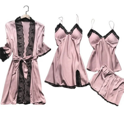 Ženska pidžama dugih rukava Seksi čipkano donje rublje Noćno rublje Donje rublje Pidžama odijelo od 4 komada Kompleti pidžama za žene Pijama Mujer