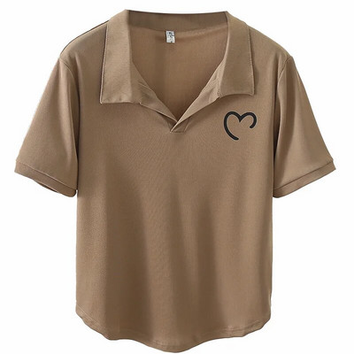 100 кг лятна семпла тениска с къси ръкави с щампа на сърце с поло яка, плюс размер Дамска ежедневна любовна тениска 9887