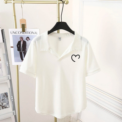 100 kg Vară, simplu, guler POLO, imprimeu cu inimă, Topuri cu mâneci scurte, mai mari, tricou casual Love pentru femei 9887