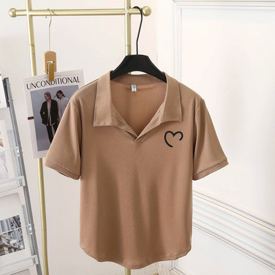 100 kg Vară, simplu, guler POLO, imprimeu cu inimă, Topuri cu mâneci scurte, mai mari, tricou casual Love pentru femei 9887