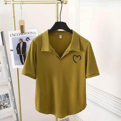 100 kg Vară, simplu, guler POLO, imprimeu cu inimă, Topuri cu mâneci scurte, mai mari, tricou casual Love pentru femei 9887