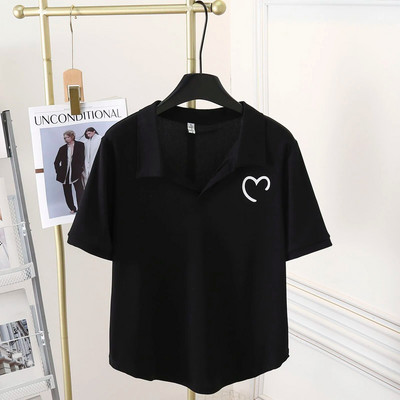 100 kg Vară, simplu, guler POLO, imprimeu cu inimă, Topuri cu mâneci scurte, mai mari, tricou casual Love pentru femei 9887
