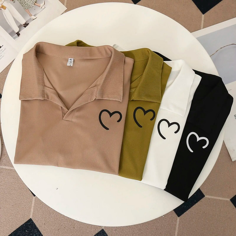 100 kg Vară, simplu, guler POLO, imprimeu cu inimă, Topuri cu mâneci scurte, mai mari, tricou casual Love pentru femei 9887