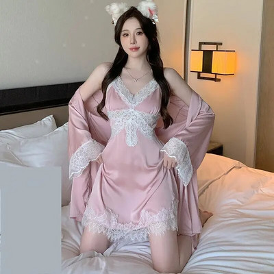 Twinset čipkasti ogrtač za kupanje Komplet ženski ogrtač spavaćica Donje rublje Komplet za spavanje Ljeto Kimono Svilenkasti satenski spavaćice Haljine Salonske odjeće