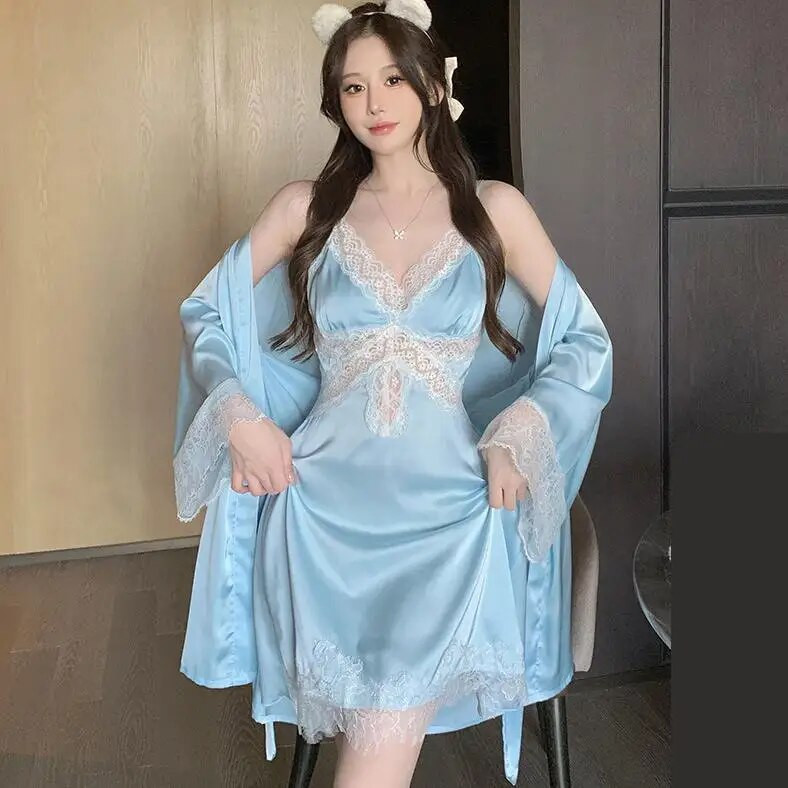Twinset csipke fürdőköpeny ruha szett női köntös hálóing fehérnemű hálóruha szett nyári kimonó selymes szatén hálóruhák ruha nappali ruhák