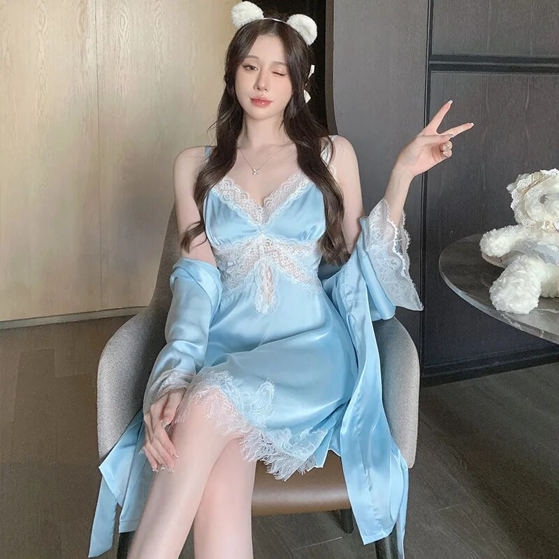 Twinset csipke fürdőköpeny ruha szett női köntös hálóing fehérnemű hálóruha szett nyári kimonó selymes szatén hálóruhák ruha nappali ruhák