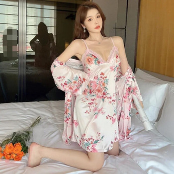 Καλοκαιρινό 2τμχ Μεταξωτό σατέν Σέξι Δαντελένια Εσώρουχα Νυχτικά Ρόμπες Σετ για Γυναικεία Κορεατικά μπουρνούζι με στάμπα Πυζάμε Νυχτικό Νυχτικό Φόρεμα
