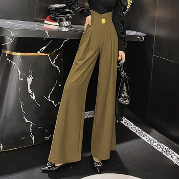 Стилни пролетни есенни панталони с висока талия на гънки Дамско облекло Триизмерна декорация Базови панталони с широки крачоли на талията