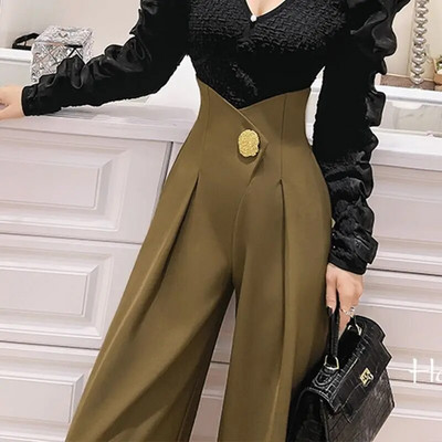 Stilīgas pavasara rudens bikses ar augstu vidukli salokāmas Sieviešu apģērbs Trīsdimensiju apdare Pamata bikses ar platu vidukli
