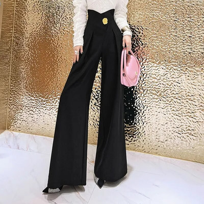 Eleganți de primăvară toamnă pantaloni cu talie înaltă îndoiți îmbrăcăminte pentru femeie decorațiuni tridimensionale pantaloni de bază îmbinați cu talie lată