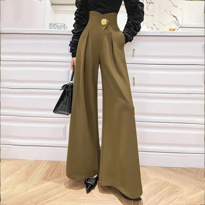 Eleganți de primăvară toamnă pantaloni cu talie înaltă îndoiți îmbrăcăminte pentru femeie decorațiuni tridimensionale pantaloni de bază îmbinați cu talie lată