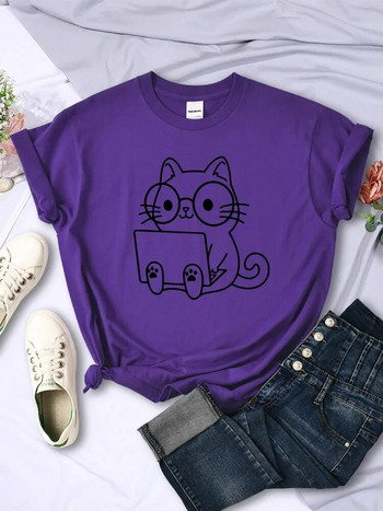 Внимателно проучване на работа Cat Sketch Дамска тениска с голям размер Тенденция Ежедневна тениска Облекло Street Creative Топ с къси ръкави