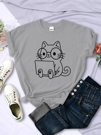 Внимателно проучване на работа Cat Sketch Дамска тениска с голям размер Тенденция Ежедневна тениска Облекло Street Creative Топ с къси ръкави