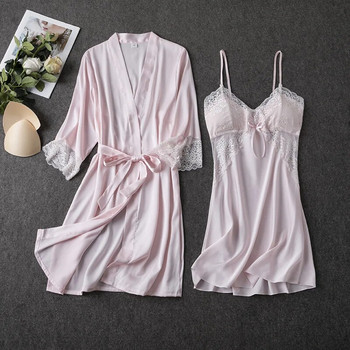 Σετ πιτζάμες 2 ΤΕΜ Λευκά Γυναικεία Πυζόνια M-XL Δαντέλα κιμονό Σέξι Νυχτικά Νυχτικά Λουλούδια Ρόμπα Φόρεμα ύπνου Νυχτικό Νυχτικό